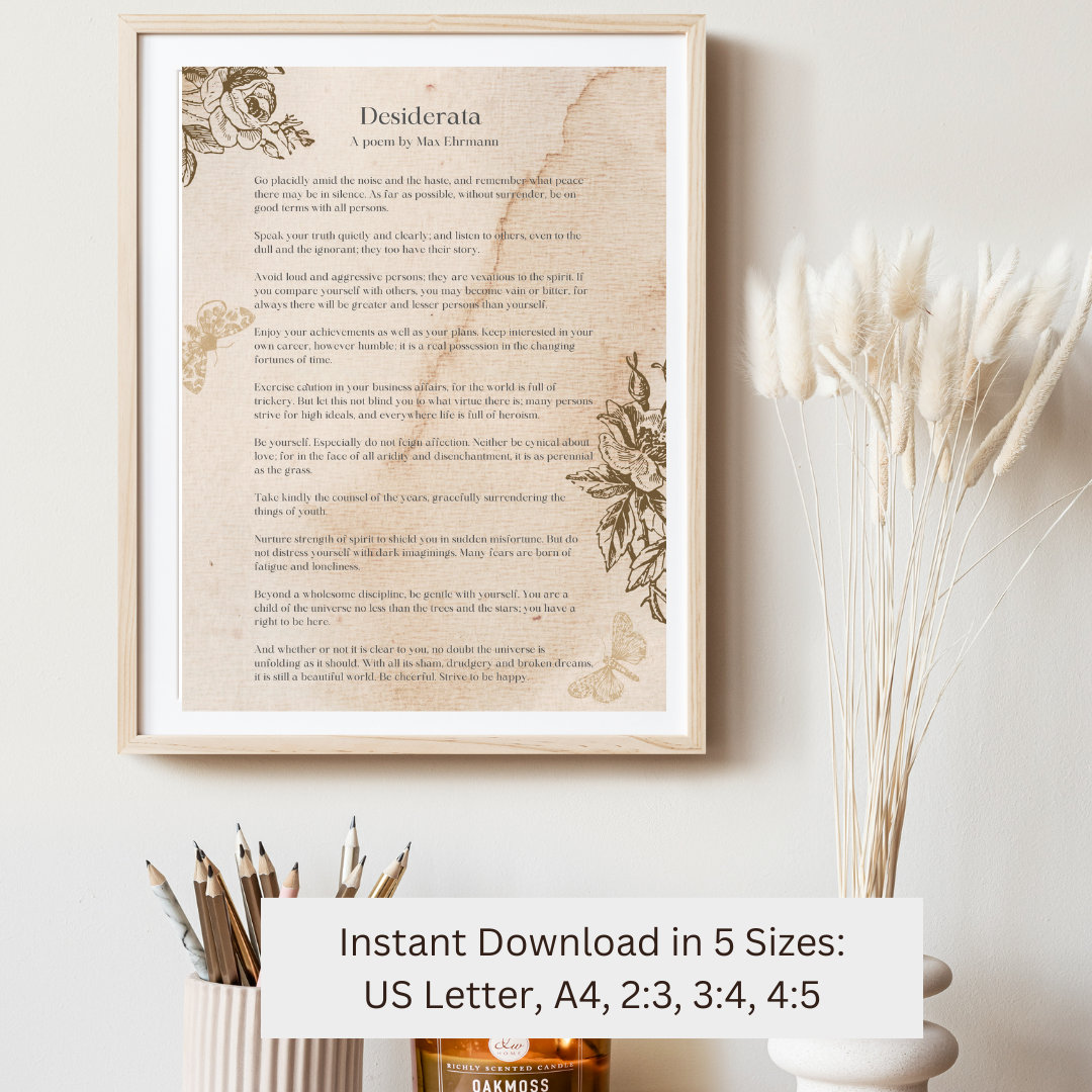 Desiderata by Digital Print Inspirational Poem Poetry Botanical Antique Wall Art Literary Quotes