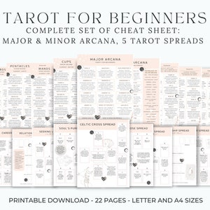 Puede incluir: Una hoja de trucos de tarot imprimible para principiantes. El conjunto incluye una guía de los arcanos mayores y menores, así como cinco tiradas de tarot: Cruz Celta, Propósito del Alma, Rosa, Relación y Carrera.