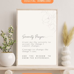 Serenity Prayer Digital Art Print | Inspirational Minimalist Motivational Quote | Spiritual Literary Botanical Wall Art Instant Download