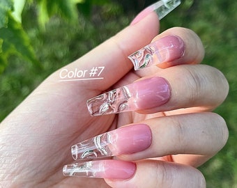 Water encapsulated Ombre Gradient Faded clear Press on Nails, transparent tip nail, Soft Pink 3d Fake nails