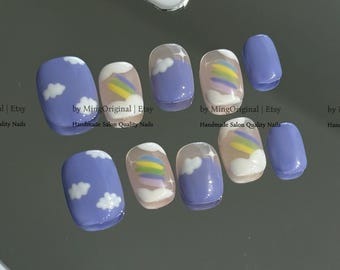 Pastel Periwinkle Cloud Press On Nails, Cute Rainbow & Star Nail Art, Soft Girl Aesthetic Fake Nails, Handmade Reusable Nails, MO819