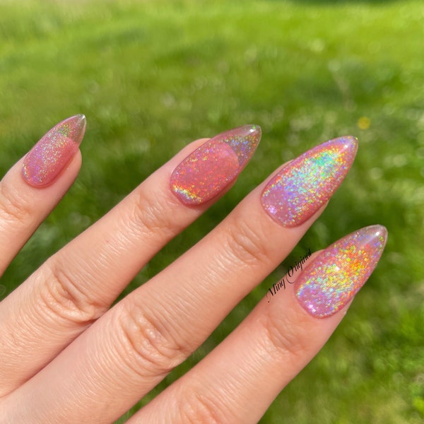 Pink Rainbow Cat Eye Holographic Magnetic Cotton Candy, Translucent press on nails, reuse nails, jelly fake nail, sparkly shimmer nail