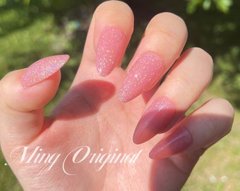 Pink rainbow shimmer Holographic press on nails, reuse nails, jelly fake nail, Sparkle nails