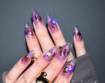 Purple Aurora gem crystal holographic glittery Nail press on, Fake nails, ombre Handmade Gel Nails, jelly Nails