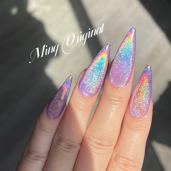 Purple Rainbow Cat Eye Holographic Magnetic Cotton Candy, Sparkly Translucent press on nails, reuse nails, jelly fake nail, gift for her
