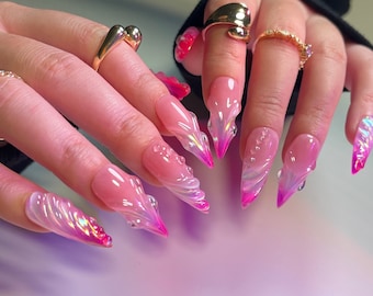 Summer Vibe|3D Free Style Hot Pink Mermaid press on nails, Vibrant color, Pearlescent Aurora, multicolored chrome, ombre color, French tip