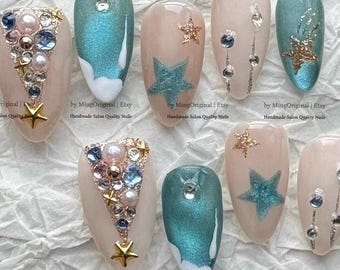 Blue Cat Eye Nails, Handmade Jeweled Christmas Tree Press On Nails, Icy Winter Fake Nails,MO1204