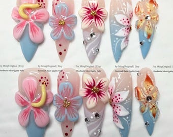 Tropical Hibiscus Nails, Handmade 3D Floral Island Press On Nails, Summer Beach Fake Nails, MO1201