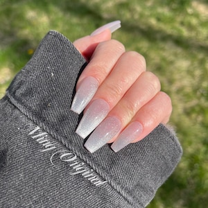 Classic Silver crystal ombre cat eye acrylic and Press on Nails, French Tip, Gradient Jelly Nails, valentine anniversary gift