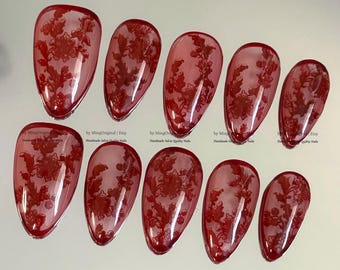 Red Lace Nails, Handmade Jelly Wine Red Floral Embossed Press On Nails, Vintage Glass Fake Nails, MO1200