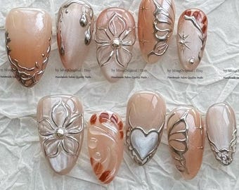 Silver Butterfly Nails, Handmade 3D Chrome Floral Champagne Pearl Press On Nails, Y2K Amber Fake Nails,MO1211