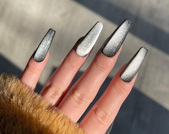 Uñas postizas de ojo de gato negro, uñas reutilizables, uñas postizas de gelatina, uñas brillantes