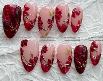 Burgundy Floral Nails, Handmade Gold Chrome Branch Marble Press On Nails, Vintage Luxury Fake Nails, MO1214