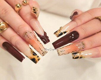 Autumn Royal Brown Water Blooming Press on Nails, Gold Chrome