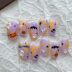 Pumpkin Cute halloween nails, glitter ombre nails, hand painted ghost nails, custom press ons, horror nail,MO1090