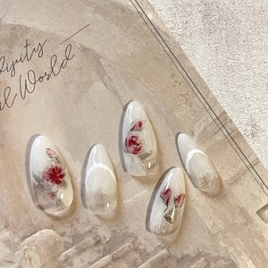 Water color vintage blooming Rose Flower nail artist art nail, premium salon Press on Nail, French tip, Handmade gel Nails, hand painted