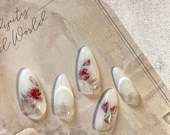 Water color vintage blooming Rose Flower nail artist art nail, premium salon Press on Nail, French tip, Handmade gel Nails, hand painted