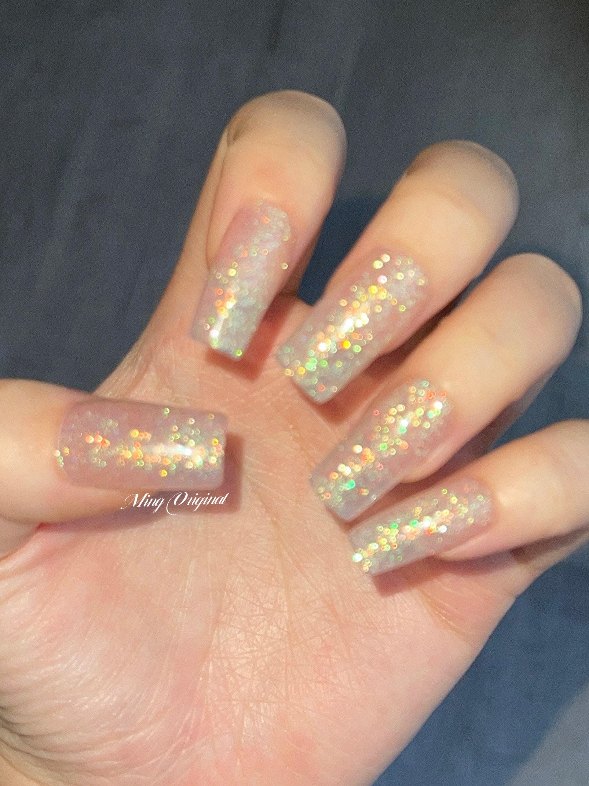 Gold tone Gliiter Shine Nude Acrylic & press on nails, glue on nails, reuse nails, jelly fake nail, hand painted gel nail