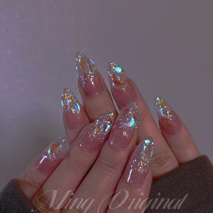 Super glittery Aurora gem crystal Nail press on, Fake nails, Aura ombre nail, Handmade Gel Nails, jelly Nails