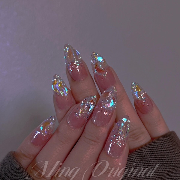 Super błyszczące kryształki Aurora do paznokci, sztuczne paznokcie, paznokcie ombre Aura, ręcznie robione paznokcie żelowe, paznokcie żelowe
