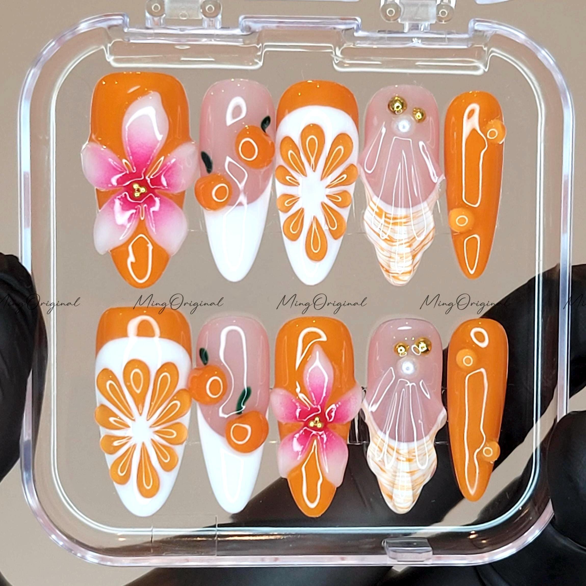 Summer Juicy Orange Fruit Lover press on nails, 3D Pink Flower Fresh Look Candy Color Gifts for Her, MO605