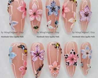 3D Floral Nails, Handmade Nude Pink Relief Orchid Press On Nails, Elegant Crystal Fake Nails, MO1221