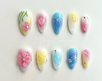 Uñas postizas Da Secret Garden con diseño de flores esculpidas en 3D, estilo libre, primavera tropical Fairycore Floral Mermaid. MO124