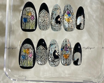 Christmas Black Stained Glass Window Glittery press on nails, Sparkling Cat Eye, Retro Shadow Cat and Tulips hand painted nail, MO706