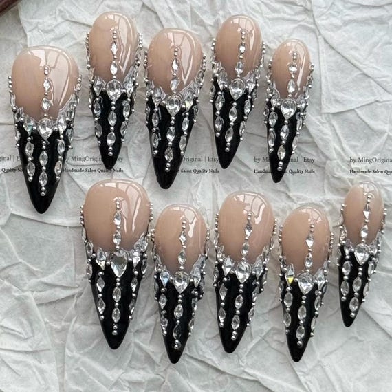 Black Rhinestone Nails, Handmade Gothic Crystal French Press On Nails, Dark Luxury Fake Nails,MO1186