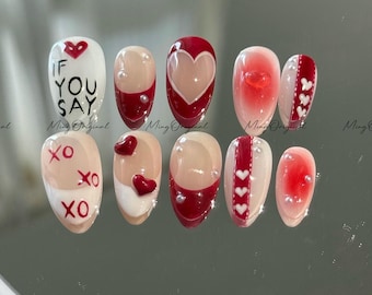 Love Letter Motif Press on Nail, If You Say, Jelly Heart, XO Details, Blush Pink and Red Mix,Playful Meaningful Valentine Gift for Her,MO602
