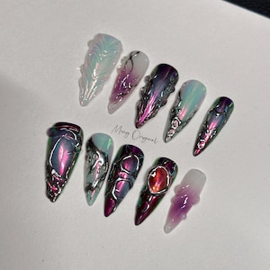 Free style chrome mirror gothic Nail press on, purple and black 3d Silver Metallic fake nail, holiday birthday gift for her, MO286