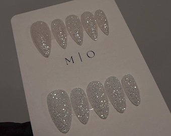 Silver White holographic Sugar Glitter Press on Nails, Rainbow glitter nail, Sparkly nails for party, Glossy or Matte, MO813