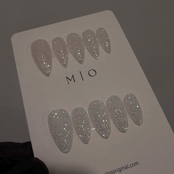 Silver White holographic Sugar Glitter Press on Nails, Rainbow glitter nail, Sparkly nails for party, Glossy or Matte, MO813