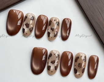 Minimalist Mocha Latte press on nails, chocolate brown leopard prints on cat eye nail, elegant nail, glue on nail,MO800
