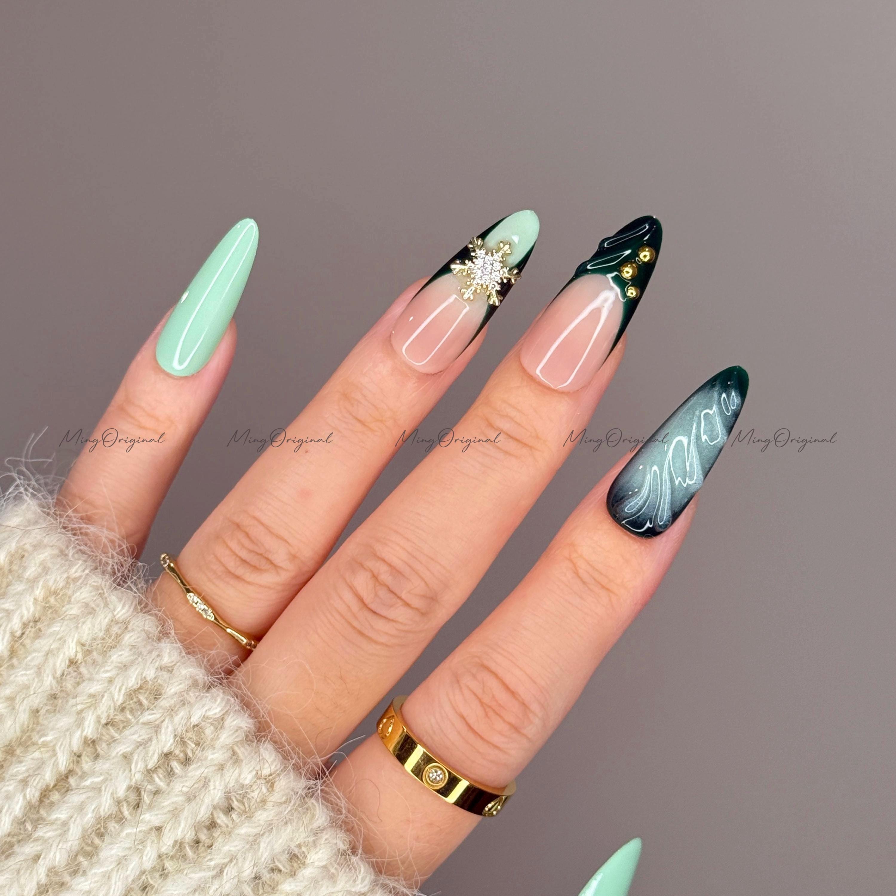 Green Press-on Nails, Mint and Nude Nail Art, Gold Snowflake Rhinestones,  Winter Holiday Manicure, Handmade Gift for Her, MO723 - Etsy
