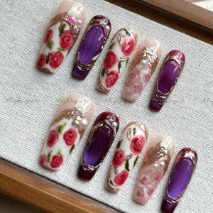 Baroque Romance mystery rose press on nails, gold frame vintage floral nail art, red roses and midnight purple elegant ornate design, MO515