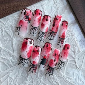 Halloween Spooky Spider Web Press on Nail, Bleeding Gothic Accent nails, hand painted y2k bloody nail, fake nail, black nail,MO655