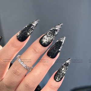 Uñas francesas con encaje negro, con punta de encaje, para boda, con efecto ojo de gato y cromo plateado, reutilizables, MO797
