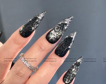 Black lace flower french tip press on nail, silver chrome and cat eye wedding nail, reusable nail, MO797