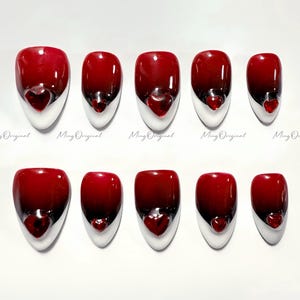 French tip press on nail, wine red 3d heart nail, abstract French nail, medium almond, classy French design, gift for her, MO532