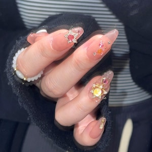 Reusable Sailor moon press on nail, Premium Hand paint Nails, Fake nails, Nail Artist Faux Nails, Handmade Gel Nails, pink rhinestone nail image 1