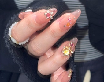 Unghie finte riutilizzabili Sailor Moon, unghie finte premium, unghie finte per nail artist, unghie in gel fatte a mano, unghie con strass rosa