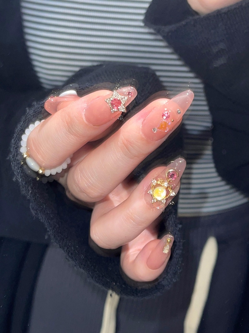 Reusable Sailor moon press on nail, Premium Hand paint Nails, Fake nails, Nail Artist Faux Nails, Handmade Gel Nails, pink rhinestone nail image 1