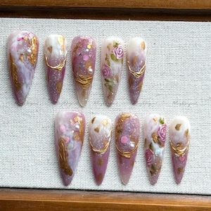 Mauve Dream elegant bejeweled purple flower handmade press on nails, rose gold chrome nails, marble nail art, pearl floral design, MO514