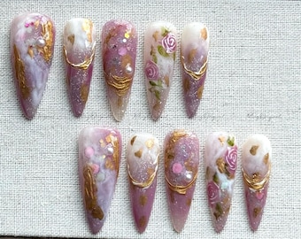 Mauve Dream elegant bejeweled purple flower handmade press on nails, rose gold chrome nails, marble nail art, pearl floral design, MO514