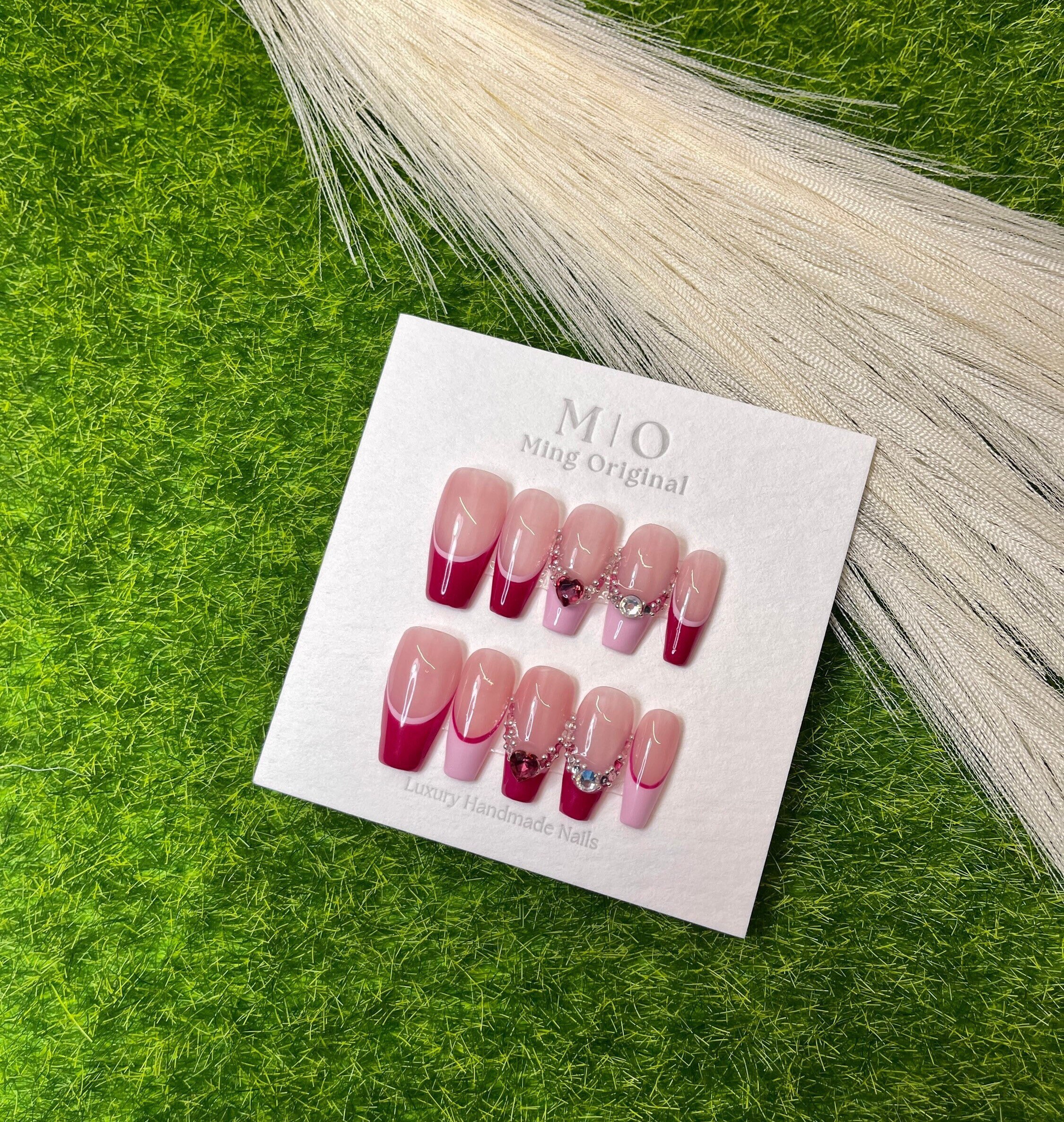Reusable Red French Tip Nail Diamond Nails Fake Nails - Etsy