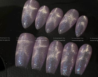 Moonlit Amethyst light purple pink star shape cat eye effect press on nails, blue glittery nails, sparkly nail, valentine gift for her,MO874