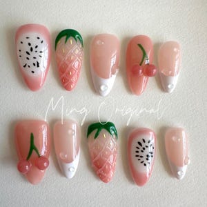 Paznokcie do naprasowania Summer Pink Cherry Fruit Lover, świeży wygląd, cukierkowe prezenty dla niej, truskawka, kiwi, arbuz