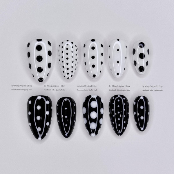 Classic Old School Polka dots press on nails, glazed dot design, vintage style black and white nail, gift for her, MO1010