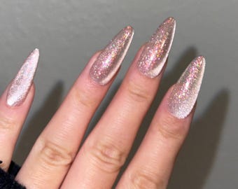 Uñas postizas con efecto ojo de gato rosa claro/cielo estrellado, uñas reutilizables, uñas postizas de gelatina, uñas navideñas brillantes